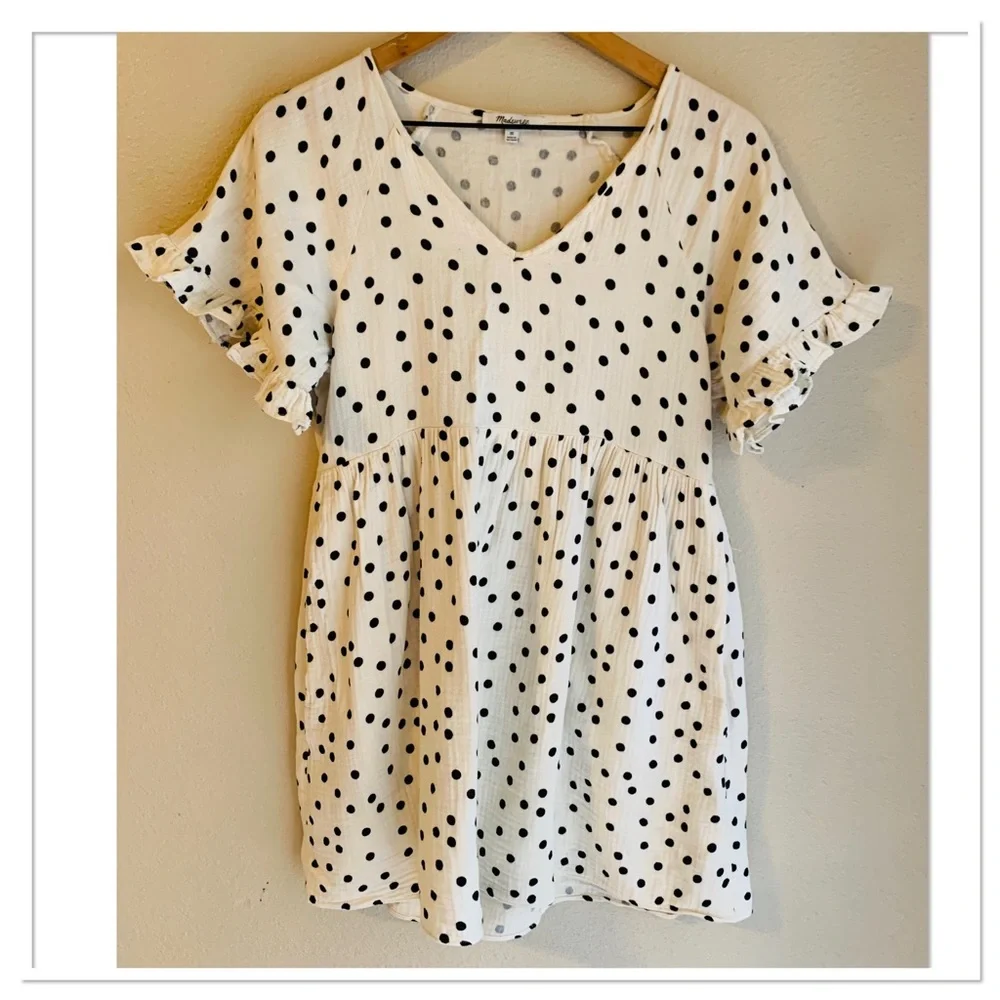 Madewell Lightspun Ruffle Sleeve Babydoll Dress In Dot Toss Ivory Black Size XS